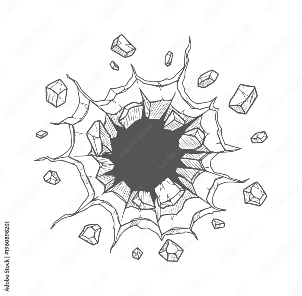 Fototapeta premium Hand drawn black and white explosion hole with jagged edges and flying rock fragments