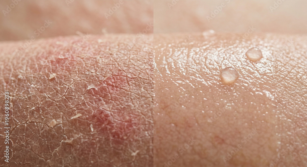 Fototapeta premium Before and after concept of dry, cracked skin transforming into hydrated, healthy skin.