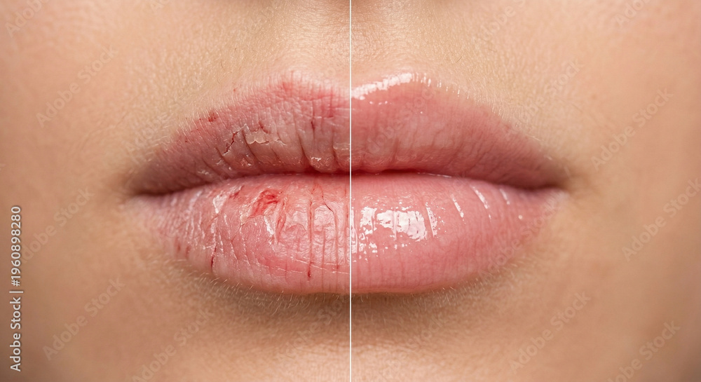 Fototapeta premium Before and After: Chapped and Dry Lips Transformed to Smooth and Hydrated