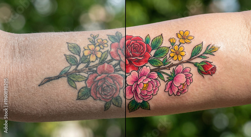 Before and after: old faded tattoo compared to a vibrant new design