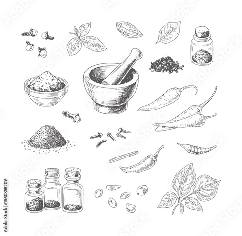 Hand drawn black and white of various spices herbs and mortar pestle handdrawn
