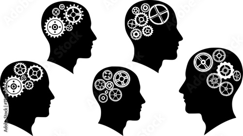 Human Intellect and Cognitive Processing Represented Through Silhouettes of Heads Containing Intricate Working Gear Mechanisms