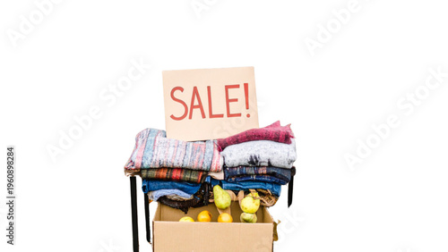 Garage sale things. Flea market compositions. Vintage stuff arranging. Second Hand clothes or retro furniture. Fair bazaar. Rack with books and interior sofas. Garish vector concept