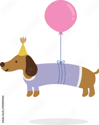 Cute Dachshund Floating with Pink Balloon and Party Hat
