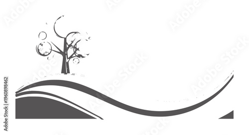 Minimalist black and white line of a lone tree a curved hill