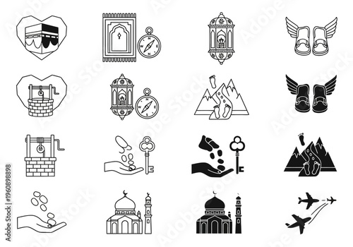 Islamic Hajj and Umrah Icon Set - Vector Symbols for Pilgrimage, Ramadan, and Muslim Spiritual Journey with Kaaba, Mosque, Lantern, and Charity