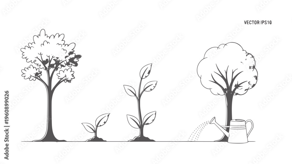 Obraz premium Stages of tree growth from sapling to tree with watering can plant