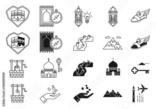 Hajj and Umrah Pilgrimage Islamic Icon Set - Kaaba, Mosque, and Ritual Symbols