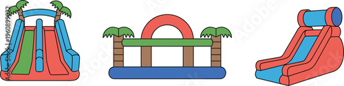 Inflatable playground slides set, colorful kids amusement park bounce house equipment illustration