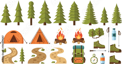 Camping and hiking elements set with pine trees tents campfire backpack boots and outdoor adventure gear vector illustration