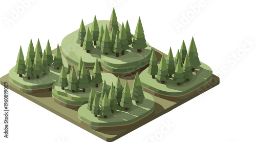 Isometric pine forest terrain with hills contour layers and dense trees representing nature landscape environment and topographic map illustration