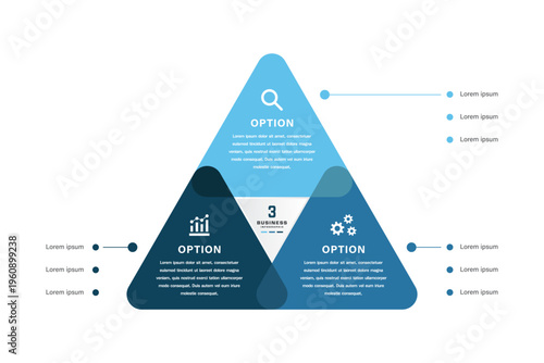 Venn diagram business infographic triangle template with 3 Options and Connected Bullet Points