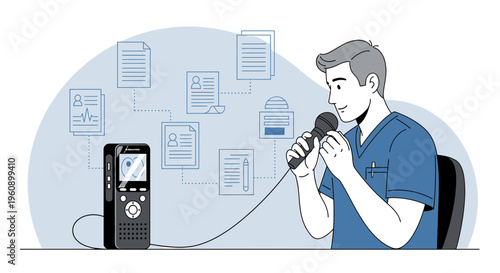 Doctor Dictating Medical Notes with Voice Recorder and Digital Documents