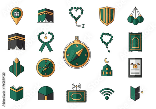 Islamic Religion Icon Set: Kaaba, Prayer Beads, Qibla Compass, and Quran Symbols in Modern Green and Gold Style for Hajj and Umrah