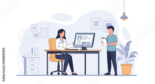 Doctor and patient in clinic office, medical consultation, digital health record on computer screen