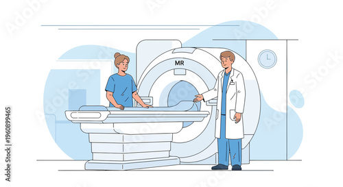 Doctor and patient in MRI scanner room, medical imaging technology, healthcare concept