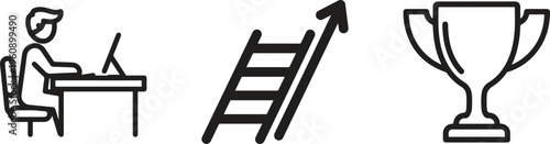 Business success icons, office worker, growth chart, trophy cup, achievement symbols