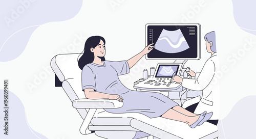 Doctor and patient in ultrasound room, pointing at screen showing fetal ultrasound