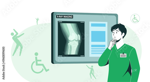 Doctor Considering Knee X-ray Image with Disabled People Icons