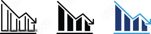 Declining business bar chart icons with downward arrow, financial crisis and economic recession symbols, 3 vector infographic styles