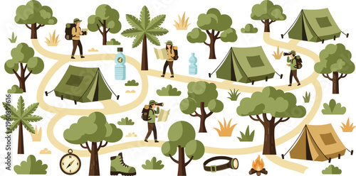 Camping elements set with tents hikers trees campfire gear and outdoor adventure landscape collection vector illustration