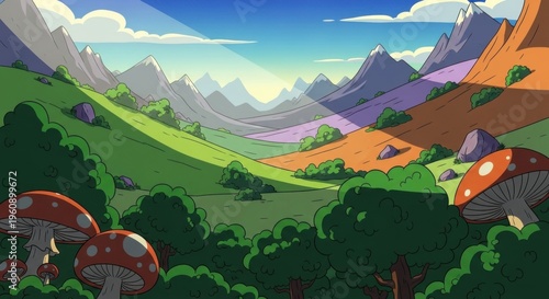 Cartoon landscape with rolling hills, mountains, and giant mushrooms in foreground