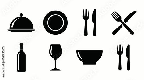 Collection of black silhouette icons representing various dining and drink items on a white background, including cutlery, plates, bowls, and wine.