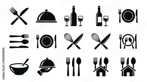 Collection of black and white icons representing dining, restaurant, and kitchen utensils including cutlery, plates, wine, and serving dishes.