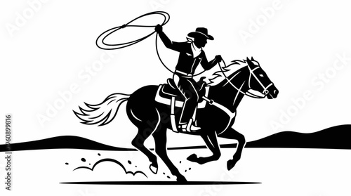 Stylized black and white illustration of a cowboy on a galloping horse, actively swinging a lasso in an open, western landscape.