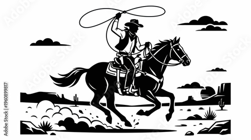 Dynamic black and white illustration of a cowboy on horseback, actively swinging a lasso in a dusty Western desert landscape with cacti and rocks.