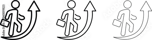 Career growth icon set with businessman walking up arrow, professional development and success concept, 3 line weight variations of career path vector