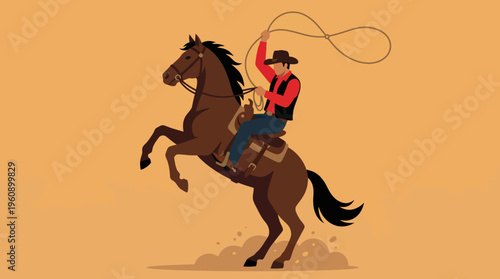 Illustration of a cowboy on a rearing horse, holding a lasso, against a plain desert-like background.