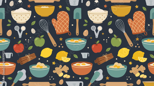 A vibrant seamless pattern featuring various baking ingredients and kitchen utensils on a dark background, perfect for culinary themes.