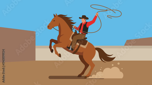 A cartoon cowboy on a rearing brown horse, actively swinging a lasso in a stylized outdoor western scene.