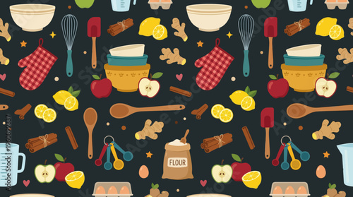 Seamless pattern of baking ingredients and kitchen tools like bowls, whisks, spatulas, fruits, spices, and flour on a dark background.