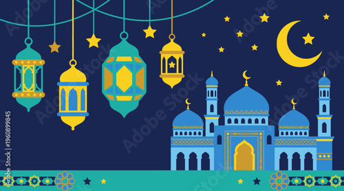Beautiful illustration of a mosque with crescent moon, stars, and hanging lanterns against a dark blue night sky, symbolizing Islamic celebration.