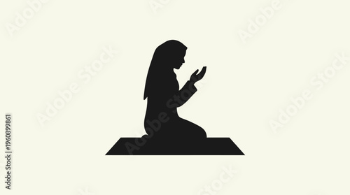 A black silhouette of a woman kneeling on a prayer mat with hands raised in prayer, symbolizing devotion and spirituality.