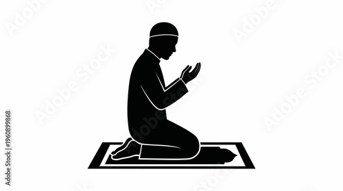 A black silhouette of a Muslim man kneeling on a prayer mat with hands raised in supplication, performing salah.