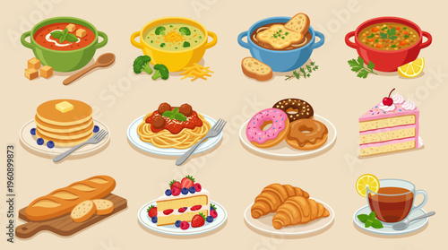 A vibrant collection of various delicious food items including hearty soups, main courses, sweet desserts, and breakfast pastries.