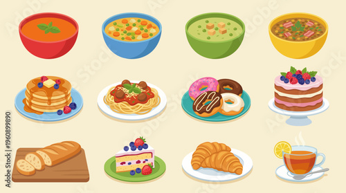 A vibrant collection of various food items including soups, pancakes, spaghetti, donuts, cakes, bread, croissants, and tea, showcasing a diverse culinary spread.