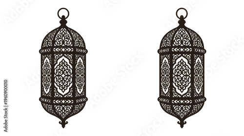 Two ornate black and white Islamic lanterns with intricate patterns, often used for Ramadan decorations or festive celebrations.