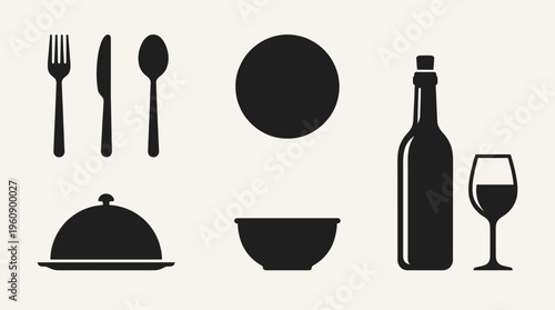 Collection of black silhouette icons representing various dining utensils, tableware, and drinkware, including cutlery, plates, bowls, a cloche, a wine bottle, and a wine glass.