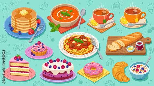 A vibrant collection of various breakfast, lunch, and dessert items including pancakes, spaghetti, cakes, bread, and tea, arranged on a light blue background.