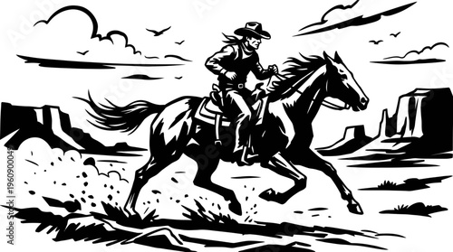 Dynamic black and white illustration of a cowboy riding a horse at full gallop through a rugged desert landscape with mesas and birds.