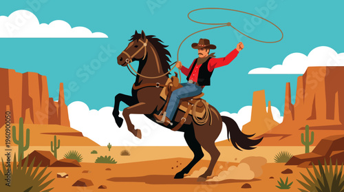 A dynamic illustration of a cowboy on a rearing horse in a vast desert landscape, skillfully swinging a lasso under a clear blue sky.