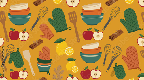 A vibrant seamless pattern featuring an assortment of kitchen utensils and fresh baking ingredients like apples, lemons, cinnamon, and ginger on a warm yellow background.