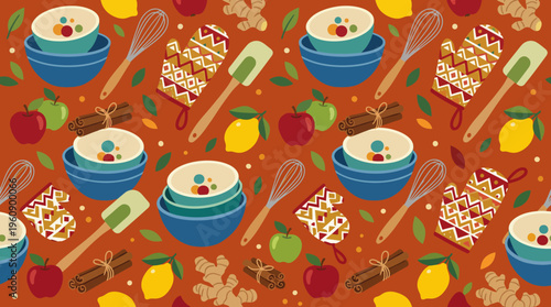 Seamless pattern of baking tools and ingredients like apples, lemons, cinnamon, and ginger on a warm orange background, perfect for culinary themes.