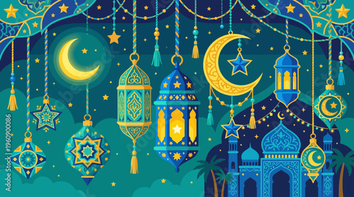 A vibrant illustration of Islamic festive decorations with crescent moons, stars, lanterns, and a mosque silhouette in teal and gold.