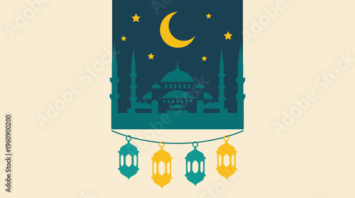 An illustration of a mosque silhouette under a starry night sky with a crescent moon, featuring decorative hanging lanterns below, evoking a festive Islamic atmosphere.