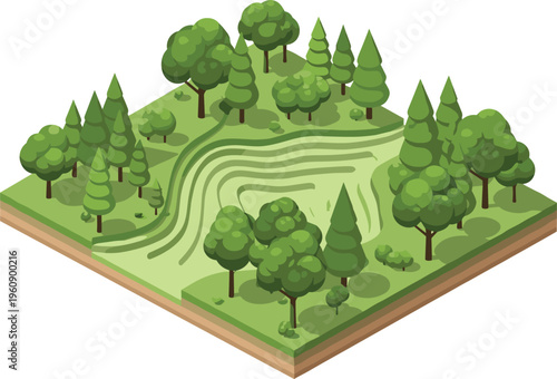 Isometric forest landscape with trees hills contour lines and water stream representing nature topography and environmental map illustration